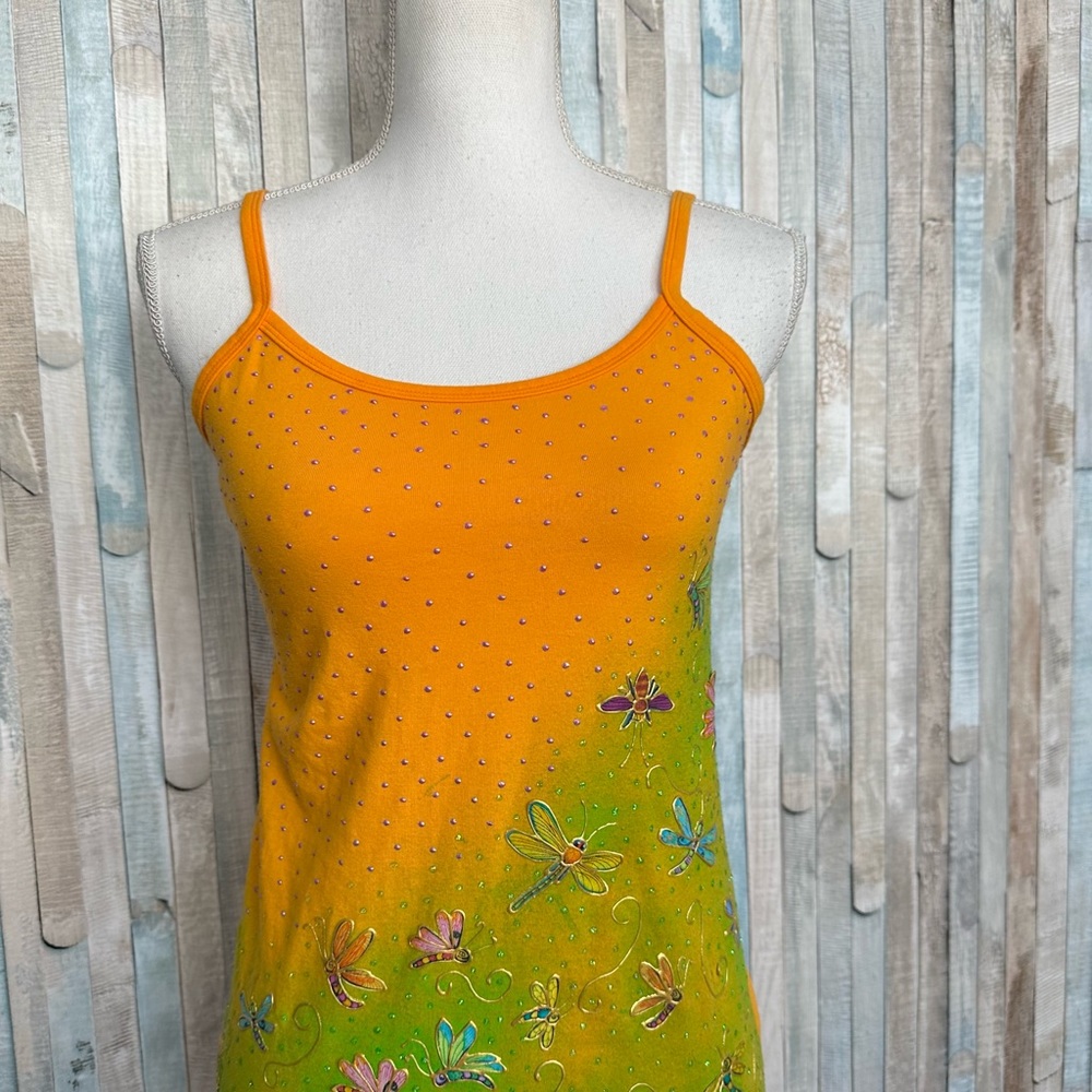 Vintage 90s S Bright Orange Green Painted Dragonfly Tank Top Cami Y2K Fairycore - Picture 3 of 6